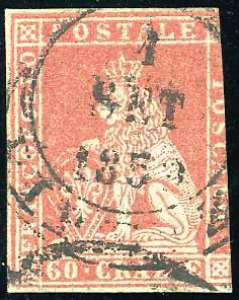 1851 - 60 crazie scarlatto cupo su grigio ... 