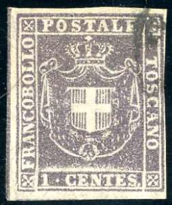 1860 - 1 cent. violetto bruno, linea di ... 