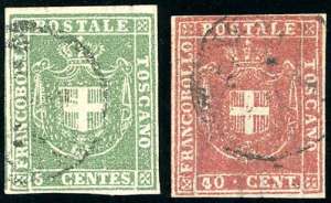 1860 - 5 cent. verde, 40 cent. carminio ... 