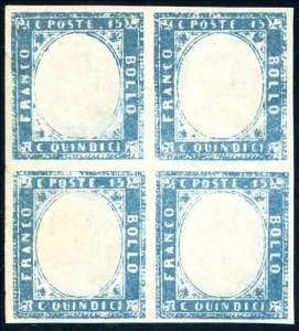 1863 - 15 cent. celeste latteo (11d), blocco ... 