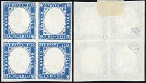 1863 - 15 cent. azzurro, blocco di quattro, ... 