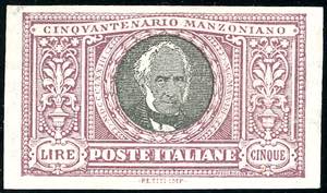 1923 - 5 lire Manzoni, non dentellato ... 