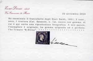 1851 - 5 cent. nero (1), gomma ... 