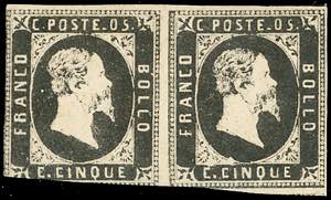 1851 - 5 cent. nero, I riporto (1), coppia ... 