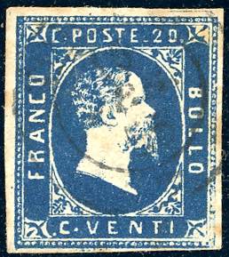 1852 - 20 cent. azzurro scuro (2b), pos. 9, ... 