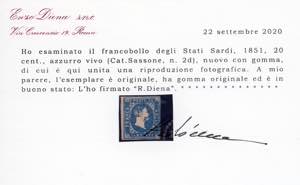 1851 - 20 cent. azzurro vivo (2d), ... 