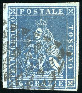 1851 - 6 crazie azzurro scuro su azzurro ... 