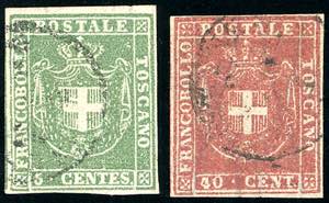 1860 - 5 cent. verde, 40 cent. carminio ... 