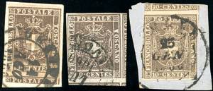 1860 - 10 cent. bruno (19), tre esemplari, ... 