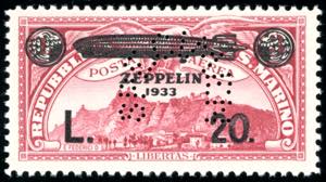 1933 - 20 lire su 3 lire Zeppelin, perforato ... 