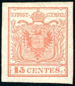 1850 - 15 cent. rosso, I tipo, carta a mano, ... 