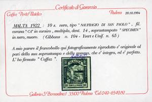 MALTA 1922 - 10 s. Naufragio di ... 