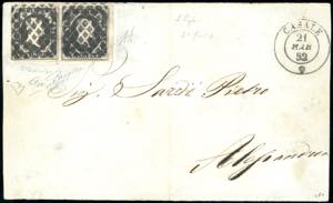 1852 - 5 cent. nero (1), coppia orizzontale, ... 