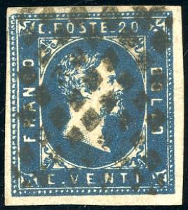 1851 - 20 cent. azzurro scuro, I tiratura ... 