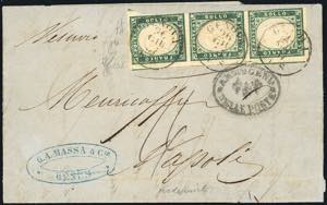 1857 - 5 cent. verde mirto (13A), striscia ... 