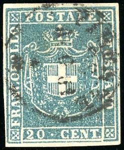 1860 - 20 cent. azzurro (20), perfetto e ben ... 