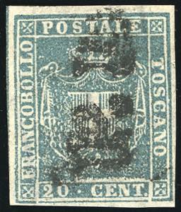1860 - 20 cent. azzurro, parziale riga di ... 
