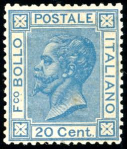 1867 - 20 cent. azzurro, tiratura di Torino ... 