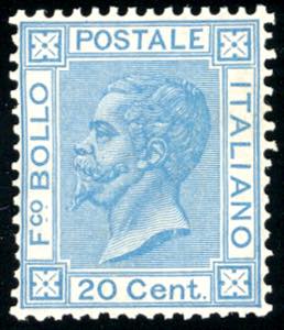 1867 - 20 cent. azzurro, tiratura di Torino ... 