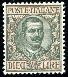 1910 - 10 lire Floreale (91), nuovo, gomma ... 
