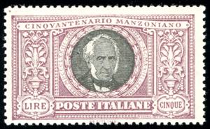 1923 - 5 lire Manzoni (156), nuovo, gomma ... 