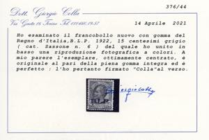 1922 - 15 cent. soprastampato BLP, ... 