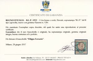 1922 - 1 lira soprastampa BLP del ... 