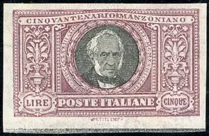1923 - 5 lire Manzoni, non dentellato ... 