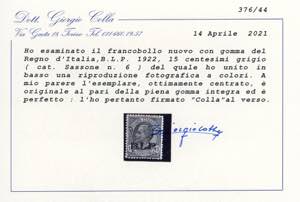 1922 - 15 cent. soprastampato BLP, ... 