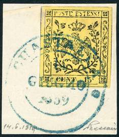 1859 - 15 cent. giallo (3), perfetto, usato ... 