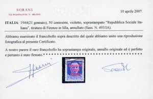 1944 - 50 cent. soprastampa lilla, ... 