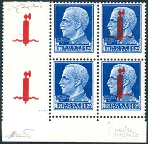 1944 - 1,25 lire blocco di quattro, angolo ... 