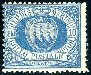 1888 - 10 cent. azzurro Stemma (3A), gomma ... 