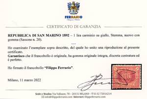 1892 - 1 lira carminio su giallo ... 