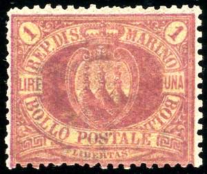 1892 - 1 lira carminio su giallo Stemma ... 