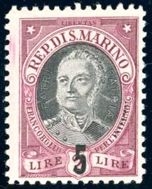 1927 - 5 lire su 2 lire Onofri, nove puntini ... 