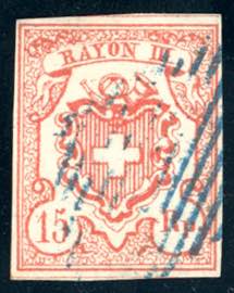 SVIZZERA 1852 - 15 r. Rayon III, cifre ... 