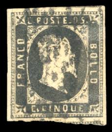 1851 - 5 cent. nero (1), usato, riparato.