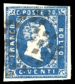 1851 - 20 cent. azzurro (2), usato, ... 