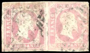 1852 - 40 cent. rosa (3), coppia, usata, ... 