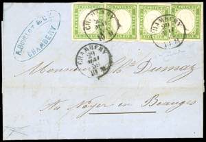 1858 - 5 cent. verde giallo (13Ad), quattro ... 