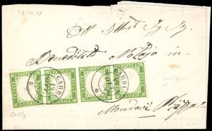 1859 - 5 cent. verde oliva (13Bc), striscia ... 