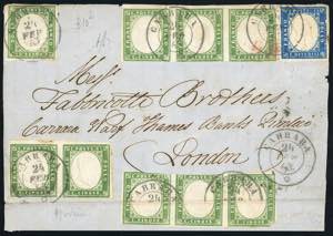 1863 - 5 cent. verde cupo (13E), due strisce ... 