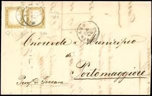 1862 - 10 cent. oliva chiaro (14Db), coppia, ... 