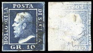 1859 - 10 grana indaco, DECALCO parziale ... 
