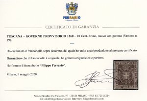 1860 - 10 cent. bruno (19), nuovo, ... 