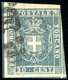 1860 - 20 cent. azzurro, ampia linea di ... 