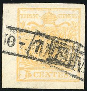 1850 - 5 cent. giallo ocra, ampie porzioni ... 