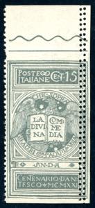 1921 - 15 cent. grigio Dante, non emesso, ... 