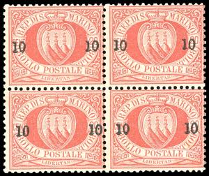 1892 - 10 cent. su 20 cent. (11), blocco di ... 